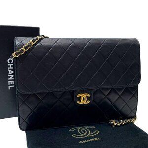CHANEL 24K CC Classic Vintage Single Flap Bag Timeless Chain Purse Black Leather